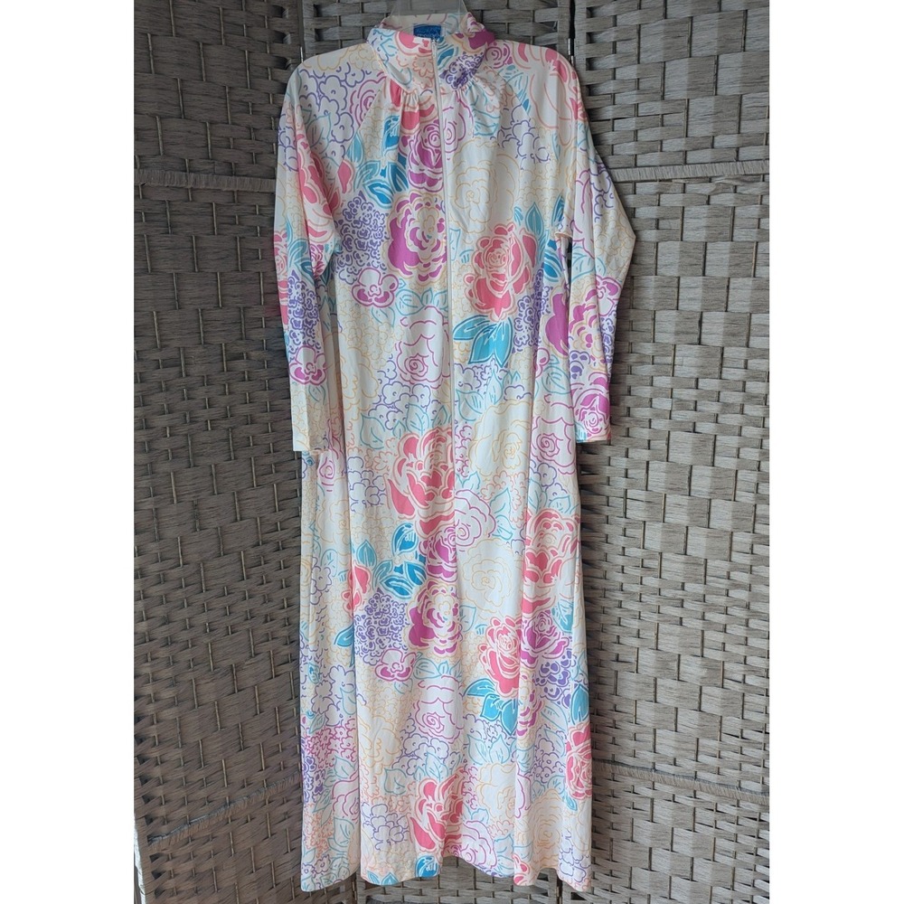 Vtg Travel-Lite Robe White Floral Roses Zip Front Long Sleeve Sz L Cottagecore